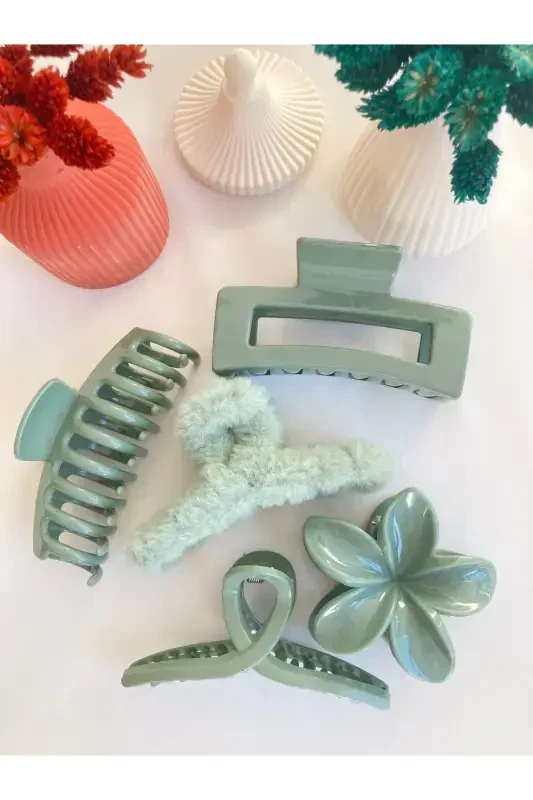 5-piece Lotus-bow-rectangle-plush-claw Bun Clip Set-GREEN - 1