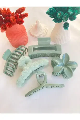 5-piece Lotus-bow-rectangle-plush-claw Bun Clip Set-GREEN - PREGIO (1)
