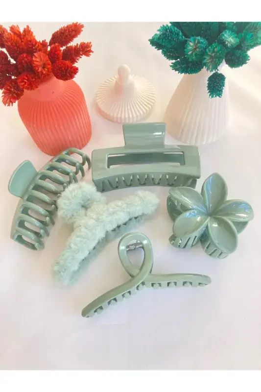 5-piece Lotus-bow-rectangle-plush-claw Bun Clip Set-GREEN - 2