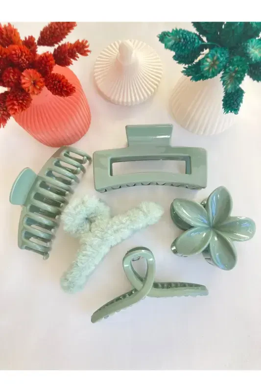 5-piece Lotus-bow-rectangle-plush-claw Bun Clip Set-GREEN - 4