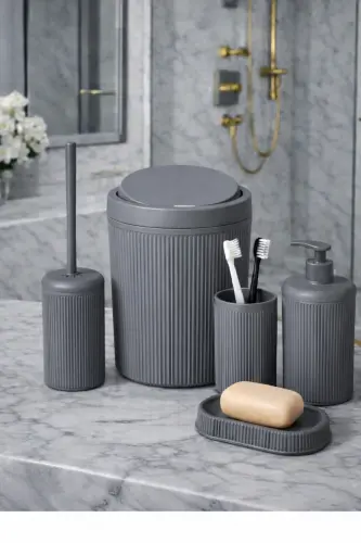 5 Piece Luxury Bathroom Set - Decorative Round Practical Lidded Trash Can Toothbrush Holder Soap Dish Brush Set 