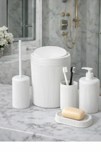 5-Piece Luxury Bathroom Set - Decorative Round Practical Lidded Trash Can, Toothbrush Holder, Soap Dish, Brush Set - TUGOMER (1)