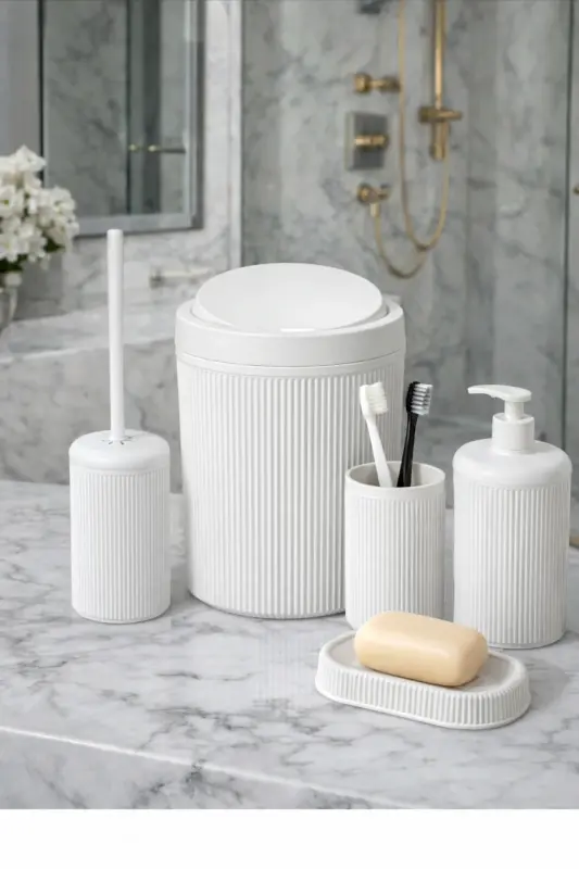 5-Piece Luxury Bathroom Set - Decorative Round Practical Lidded Trash Can, Toothbrush Holder, Soap Dish, Brush Set - 2