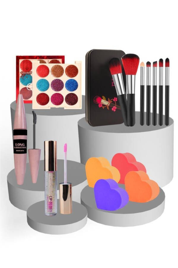 5-Piece Makeup Set 9-Color Glitter Red Pigment Eyeshadow 7-Piece Metal Boxed Brush Set Long Sansation Mas - 1