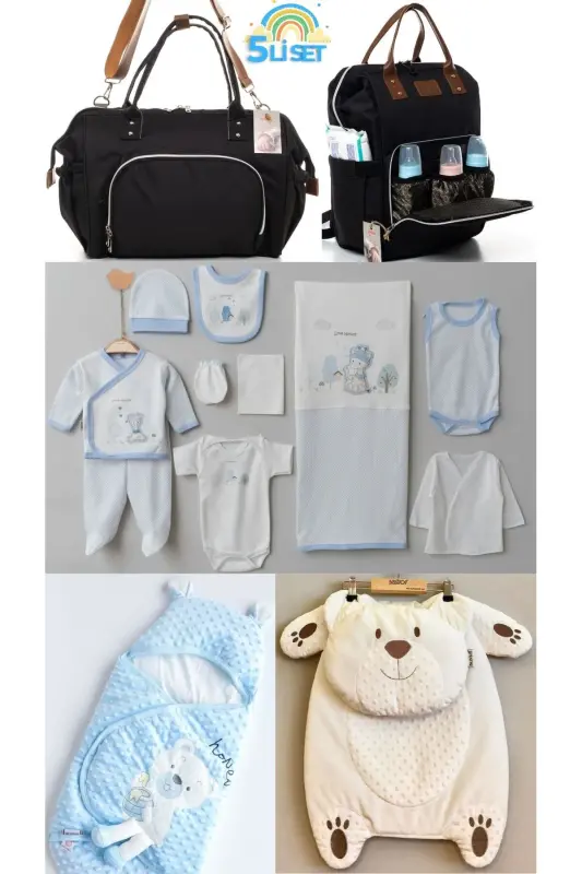 5-Piece Maternity Set (10-PIECE HOSPITAL DISCHARGE, CHICKPEA SWADDLE, CHANGING PAD, BABY CARE SHOULDER AND BACKPACK) - Black-Iceblue - 1