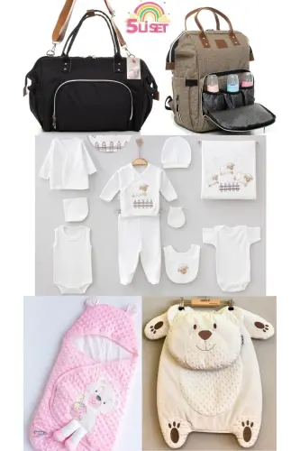 5-Piece Maternity Set (10-PIECE HOSPITAL DISCHARGE, PEA SWADDLE, CHANGING MAT, BABY CARE SHOULDER AND BACKPACK) - Beige-Brown-Pink 