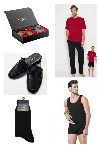 5-Piece Men's Gift Set: Pajama Set & Shorts Tank Top Boxer Socks - Belt Wallet Set and Slippers H - Modazone