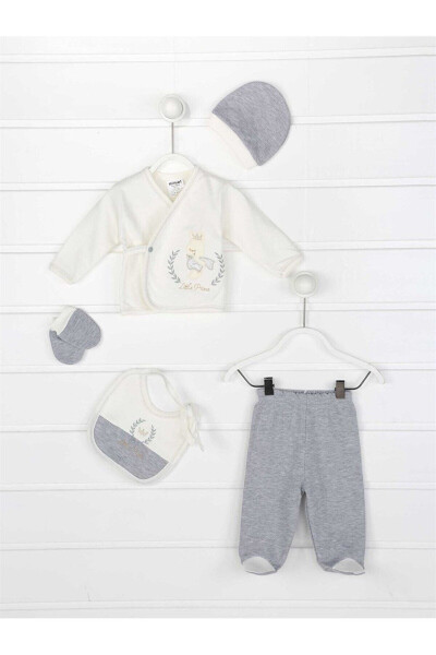 5-Piece Newborn Baby Boy Organic Hospital Discharge Set with Glitter Prince Bear Embroidery - Gray - 1