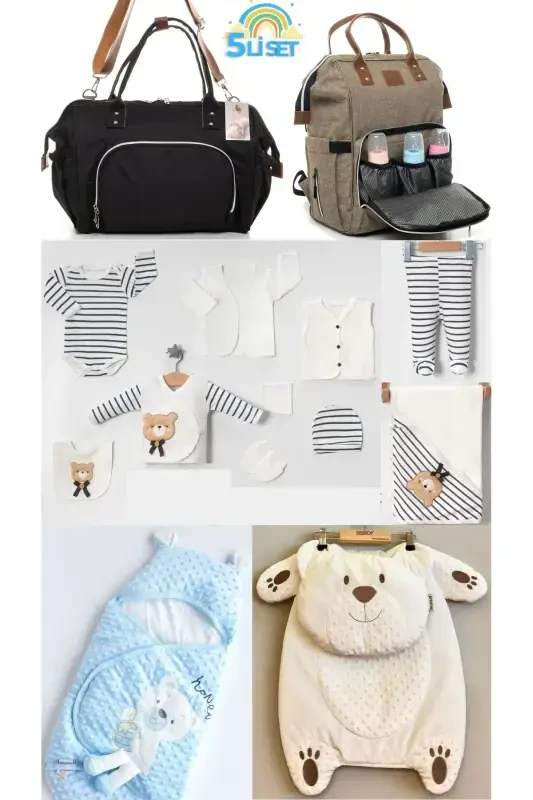 5-Piece Newborn Set (10 PCS HOSPITAL OUTFIT, PEANUT SWADDLE, CHANGING MAT, BABY CARE SHOULDER AND BACKPACK) - Beige - ALİSS