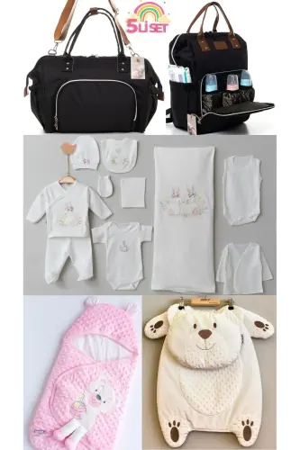 5-Piece Newborn Set (10 PCS HOSPITAL OUTFIT, PEANUT SWADDLE, CHANGING MAT, BABY CARE SHOULDER AND BACKPACK)-Black 