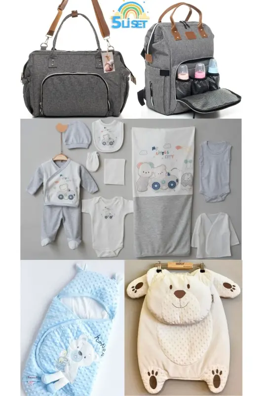 5-Piece Newborn Set (10 PCS HOSPITAL OUTFIT, PEANUT SWADDLE, CHANGING MAT, BABY CARE SHOULDER AND BACKPACK) - Gray - 1