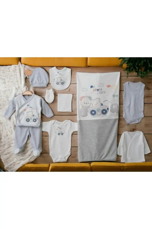 5-Piece Newborn Set (10 PCS HOSPITAL OUTFIT, PEANUT SWADDLE, CHANGING MAT, BABY CARE SHOULDER AND BACKPACK) - Gray - 2