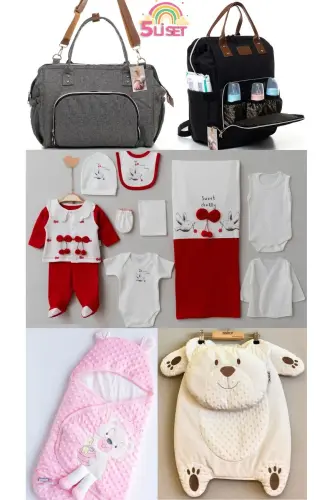 5-Piece Newborn Set (10-PIECE HOSPITAL DISCHARGE SET, CHICKPEA SWADDLE, CHANGING MAT, BABY CARE SHOULDER AND BACKPACK) - Gray-Black-Cherry - 1