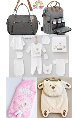 5-Piece Newborn Set (10-Piece Hospital Outfit, Chickpea Swaddle, Changing Mat, Baby Care Shoulder and Backpack) - Gray 