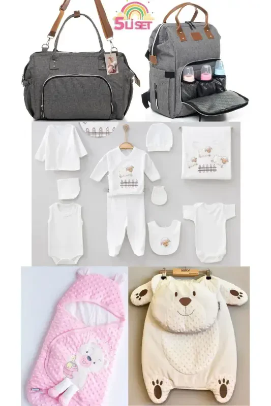 5-Piece Newborn Set (10-Piece Hospital Outfit, Chickpea Swaddle, Changing Mat, Baby Care Shoulder and Backpack) - Gray - ALİSS
