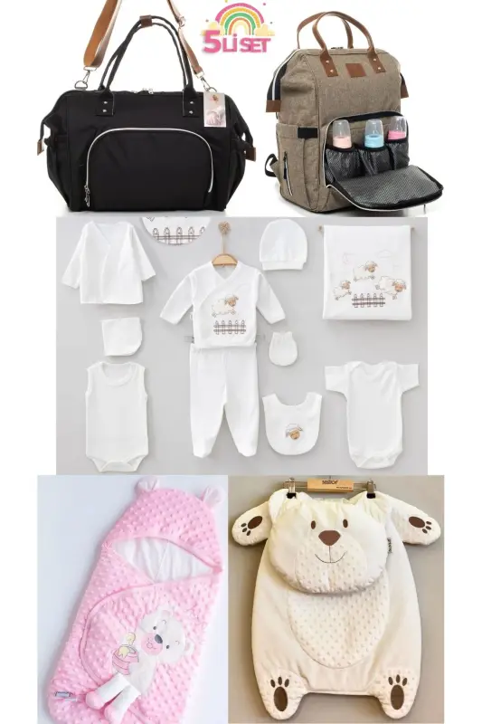 5-Piece Newborn Set (10 PIECE HOSPITAL OUTFIT, PEANUT SWADDLE, CHANGING MAT, BABY CARE SHOULDER AND BACKPACK)-Beige - 1
