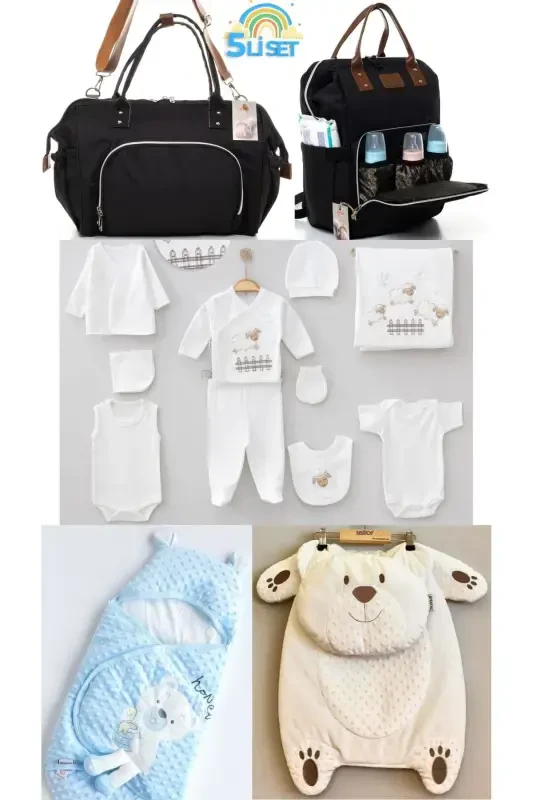 5-Piece Newborn Set (10-PIECE HOSPITAL OUTFIT, PEANUT SWADDLE, CHANGING MAT, BABY CARE SHOULDER AND BACKPACK)-Black - 1