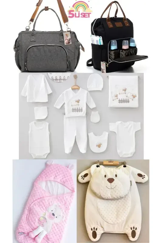 5-Piece Newborn Set (10-PIECE HOSPITAL OUTFIT, PEANUT SWADDLE, CHANGING MAT, BABY CARE SHOULDER AND BACKPACK)-Gray - 1