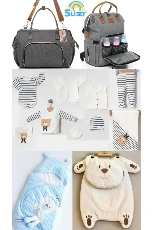 5-Piece Newborn Set (10-PIECE HOSPITAL OUTFIT, PEANUT SWADDLE, CHANGING MAT, BABY CARE SHOULDER AND BACKPACK)-Gray - 1