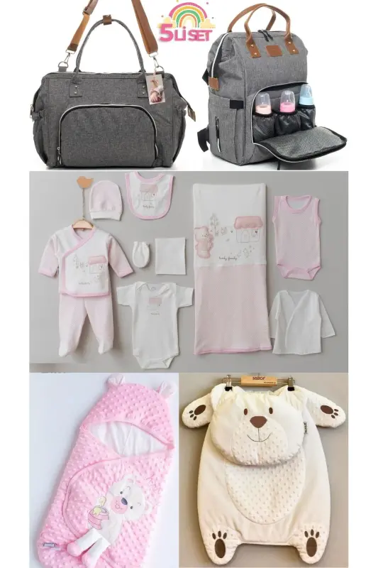 5-Piece Newborn Set (10-PIECE HOSPITAL OUTFIT, PEANUT SWADDLE, CHANGING MAT, BABY CARE SHOULDER AND BACKPACK)-Gray - ALİSS