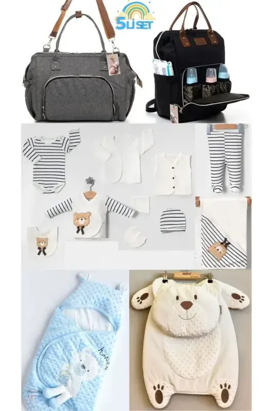 5-Piece Newborn Set (10-PIECE HOSPITAL OUTFIT, PEANUT SWADDLE, CHANGING MAT, BABY CARE SHOULDER AND BACKPACK)-Gray - ALİSS