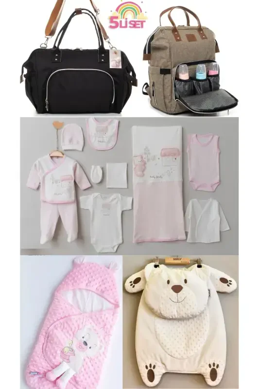 5-Piece Newborn Set (10-PIECE HOSPITAL OUTFIT, SWADDLE, CHANGING MAT, BABY CARE SHOULDER AND BACKPACK) - Beige - 1
