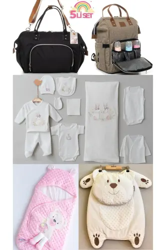 5-Piece Newborn Set (10-PIECE HOSPITAL OUTFIT, SWADDLE, CHANGING MAT, BABY CARE SHOULDER AND BACKPACK)-Beige 
