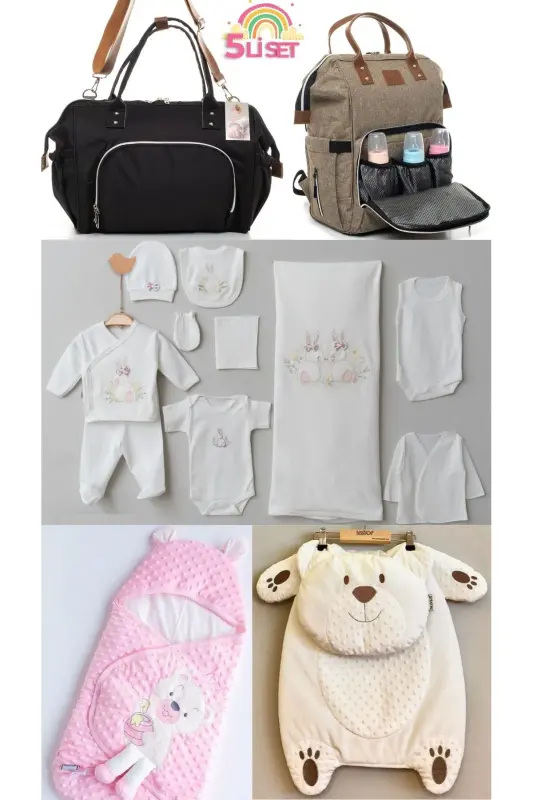 5-Piece Newborn Set (10-PIECE HOSPITAL OUTFIT, SWADDLE, CHANGING MAT, BABY CARE SHOULDER AND BACKPACK)-Beige - 1