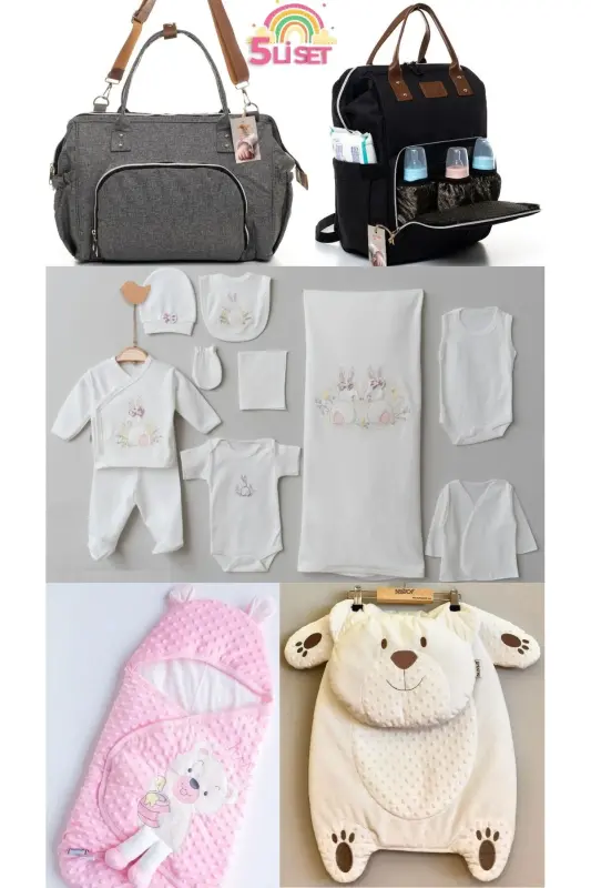 5-Piece Newborn Set (10-Piece Hospital Outfit, Swaddle, Changing Mat, Baby Care Shoulder and Backpack)-Gray - 1