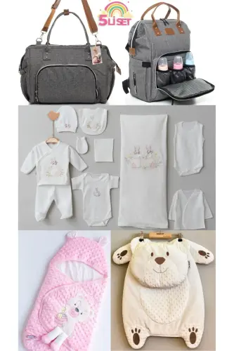 5-Piece Newborn Set (10-Piece Hospital Set, Pea Swaddle, Changing Mat, Baby Care Shoulder and Backpack)-Gray 