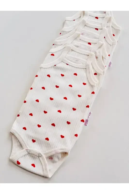 5-Piece Ribbed Strap Heart Pattern Baby Girl Bodysuit - 5