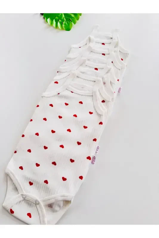 5-Piece Ribbed Strap Heart Pattern Baby Girl Bodysuit - 6