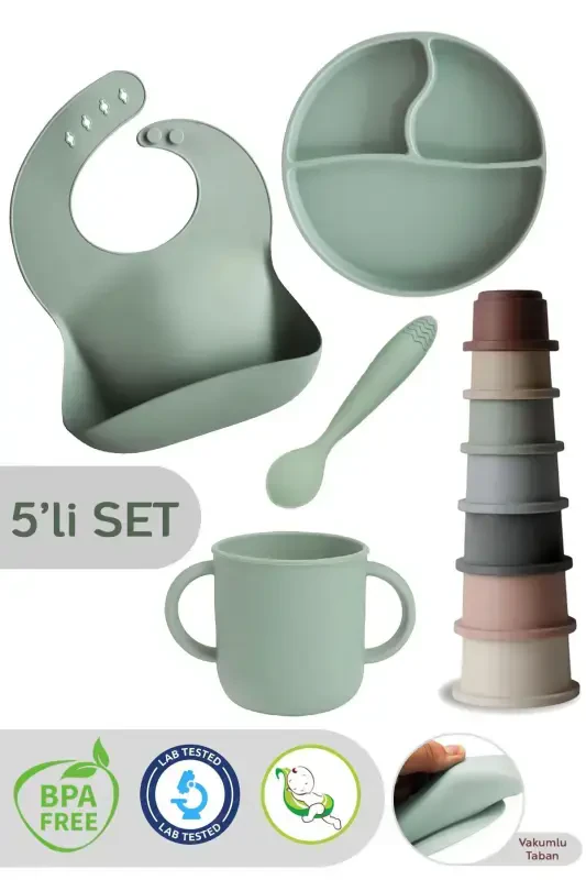 5-Piece Silicone Baby Bib Set, Cup, Vacuum Plate - MELENI BABY