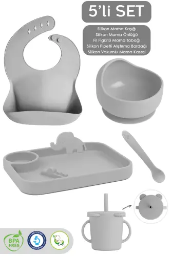 5-Piece Silicone Feeding Set - Baby Bib - Plate - Suction Bowl - Sippy Cup - Spoon - Grey - 1