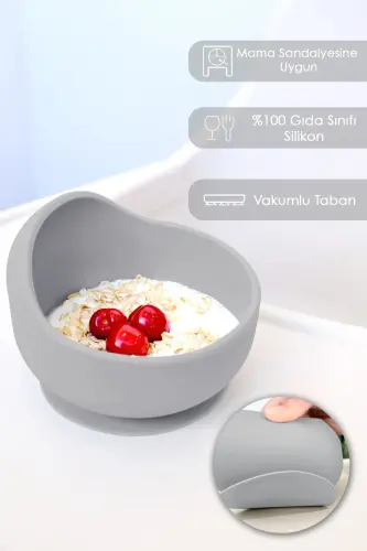 5-Piece Silicone Feeding Set - Baby Bib - Plate - Suction Bowl - Sippy Cup - Spoon - Grey - MELENI BABY (1)