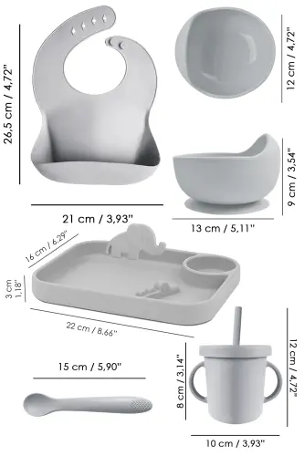 5-Piece Silicone Feeding Set - Baby Bib - Plate - Suction Bowl - Sippy Cup - Spoon - Grey - 7