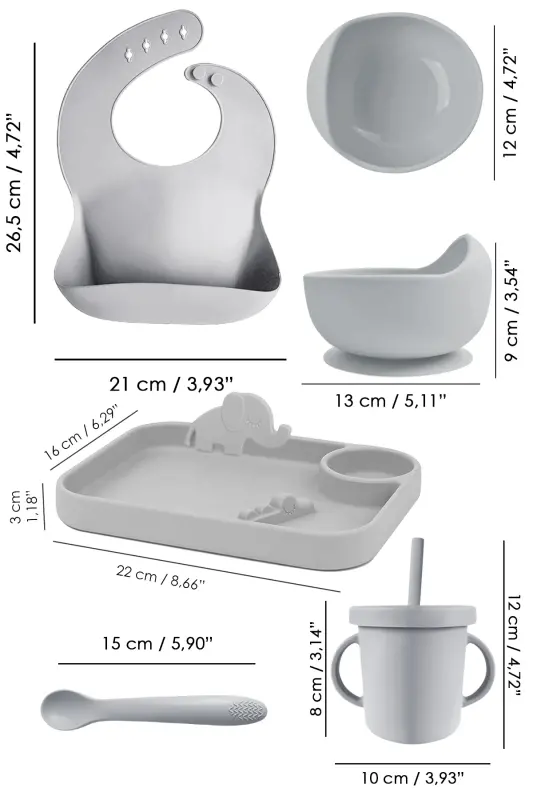 5-Piece Silicone Feeding Set - Baby Bib - Plate - Suction Bowl - Sippy Cup - Spoon - Grey - 7