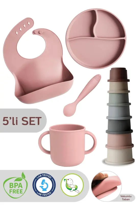 5-Piece Silicone Feeding Set (Bib, Cup, Suction Plate, Spoon, Stacking Toy) - Pink - 1