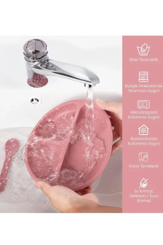 5-Piece Silicone Feeding Set (Bib, Cup, Suction Plate, Spoon, Stacking Toy) - Pink - 3