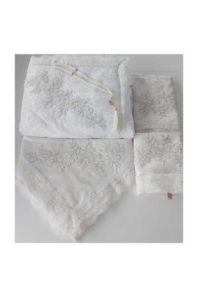 5 piece velvet prayer rug set, dowry gift set for bride. - LAMAZI