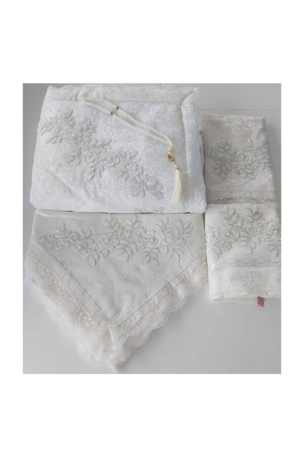 5 piece velvet prayer rug set, dowry gift set for bride. - 1