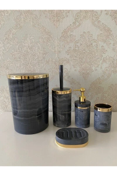 5 Pieces Marble Pattern Bathroom Set / Toilet Brush, Liquid - Solid Soap Dish, Trash Can, Toothbrush Holder - TRENDBANYOMUTFAK