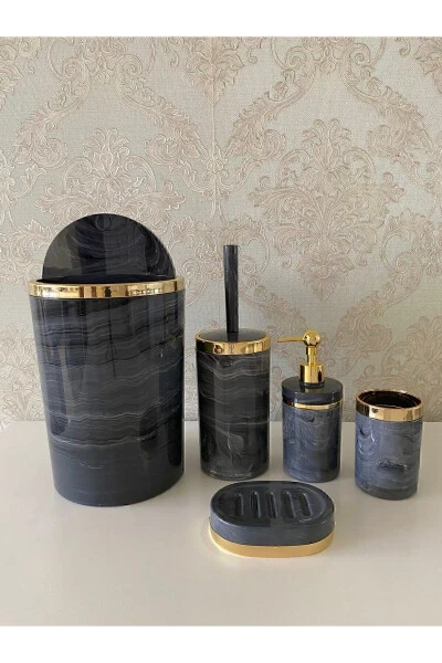 5 Pieces Marble Pattern Bathroom Set / Toilet Brush, Liquid - Solid Soap Dish, Trash Can, Toothbrush Holder - TRENDBANYOMUTFAK (1)