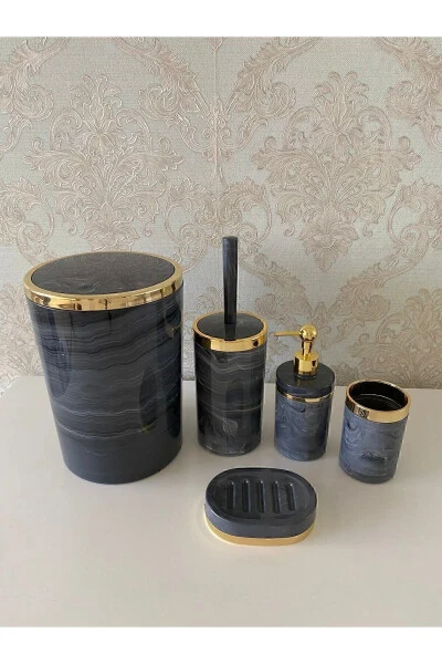 5 Pieces Marble Pattern Bathroom Set / Toilet Brush, Liquid - Solid Soap Dish, Trash Can, Toothbrush Holder - 3