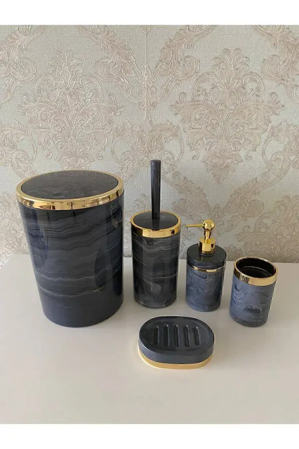 5 Pieces Marble Pattern Bathroom Set / Toilet Brush, Liquid - Solid Soap Dish, Trash Can, Toothbrush Holder - 3