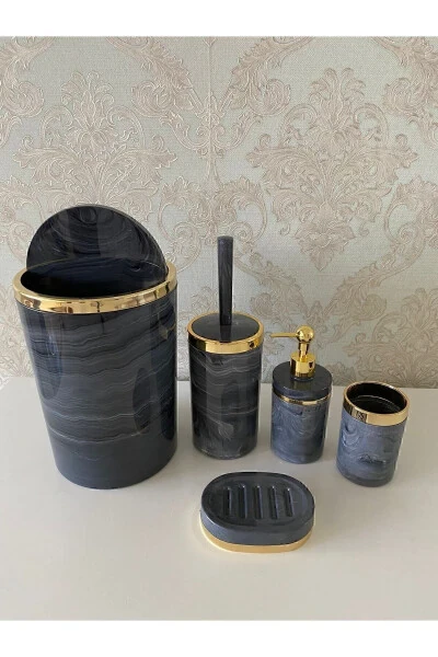 5 Pieces Marble Pattern Bathroom Set / Toilet Brush, Liquid - Solid Soap Dish, Trash Can, Toothbrush Holder - 4