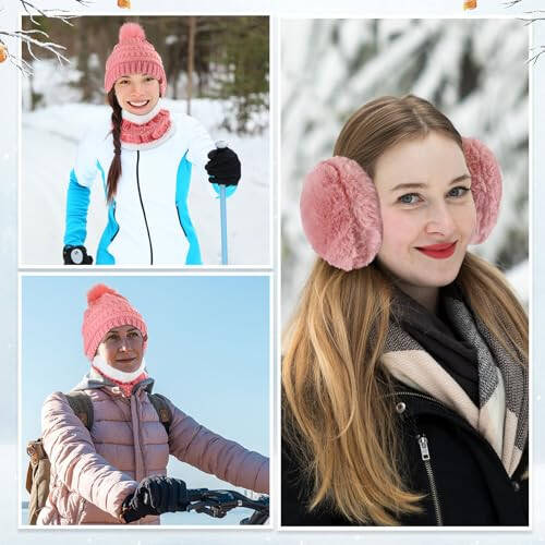 5 Pieces Women Winter Ski Outing Set, Knit Hat Scarf Gloves Earmuffs Stockings - 7