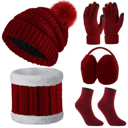 5 Pieces Women Winter Warm Set Knit Beanie Hat Scarf Touchscreen Gloves Earmuffs Stockings 5 in 1 Ski Outing Set for Gift - 1