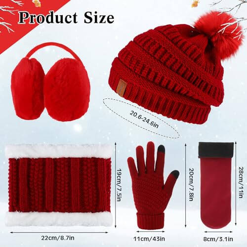 5 Pieces Women Winter Warm Set Knit Beanie Hat Scarf Touchscreen Gloves Earmuffs Stockings 5 in 1 Ski Outing Set for Gift - 3