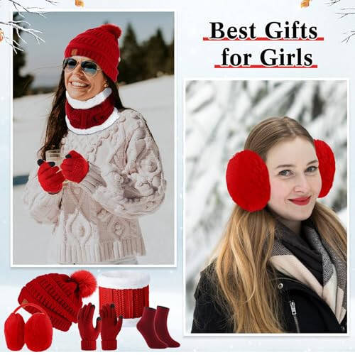 5 Pieces Women Winter Warm Set Knit Beanie Hat Scarf Touchscreen Gloves Earmuffs Stockings 5 in 1 Ski Outing Set for Gift - 4